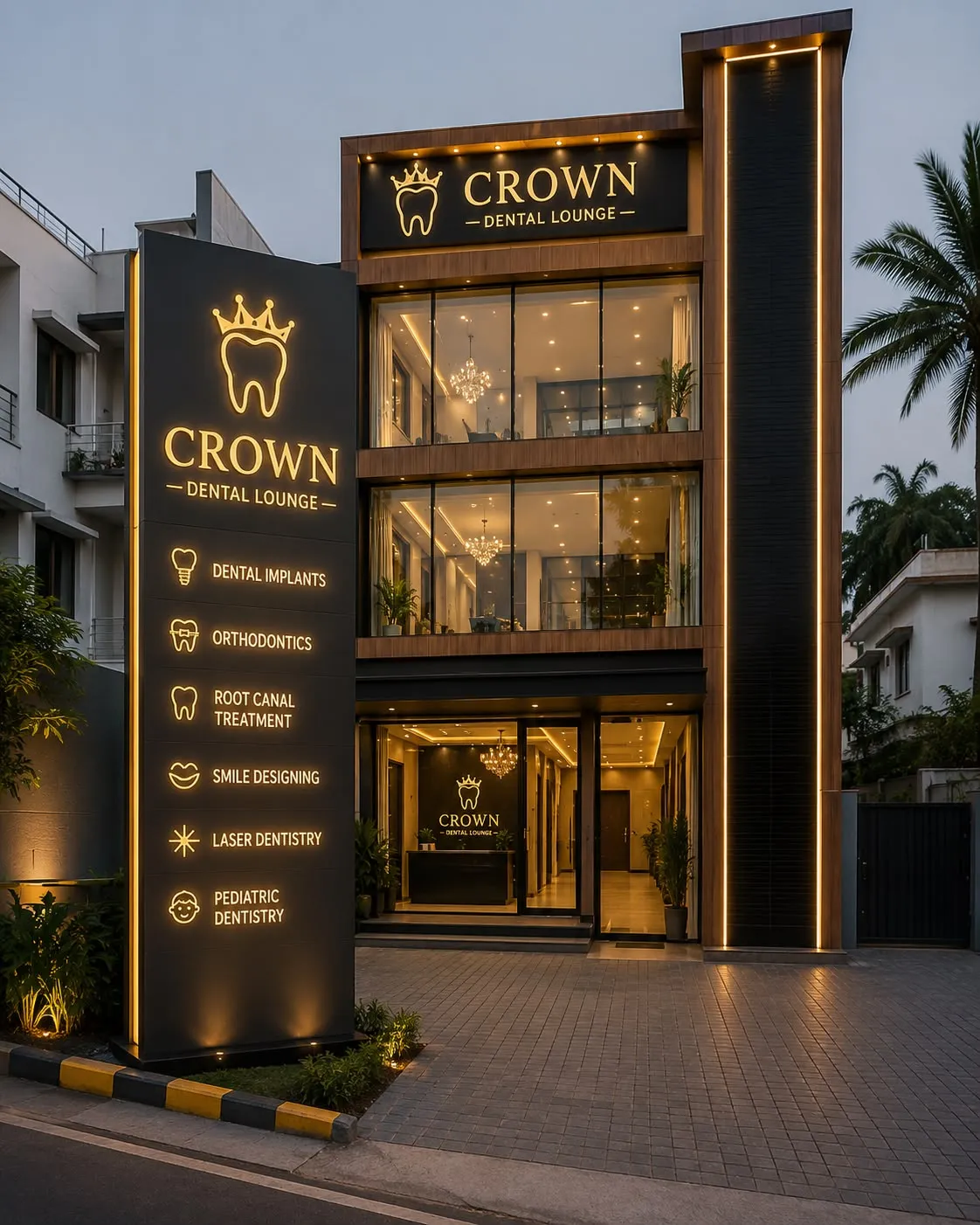 Crown Dental Lounge facade at dusk
